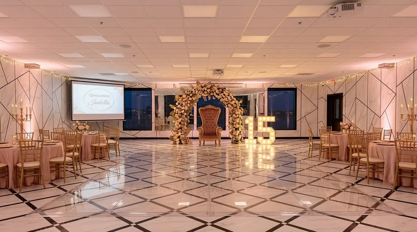 Styled concept of a blush and gold quinceañera inside The Marble Room