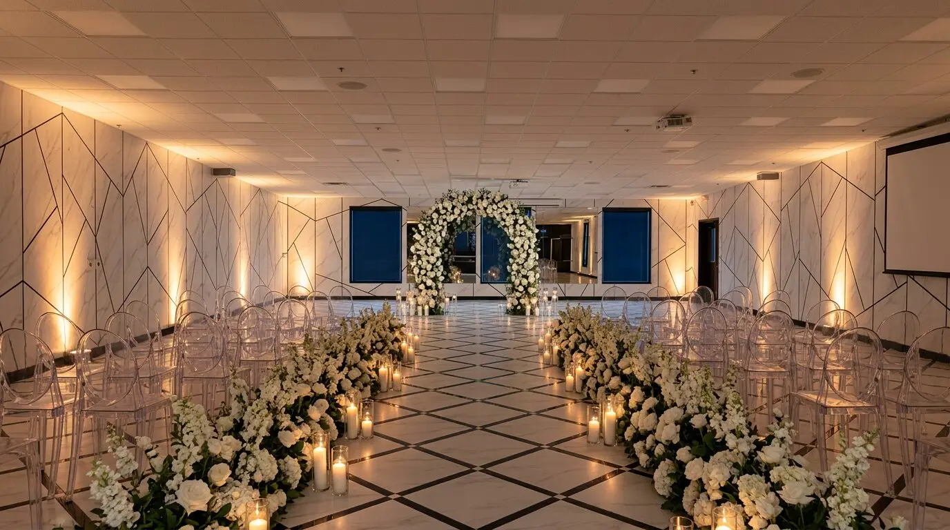 Styled concept of a ceremony aisle in The Marble Room