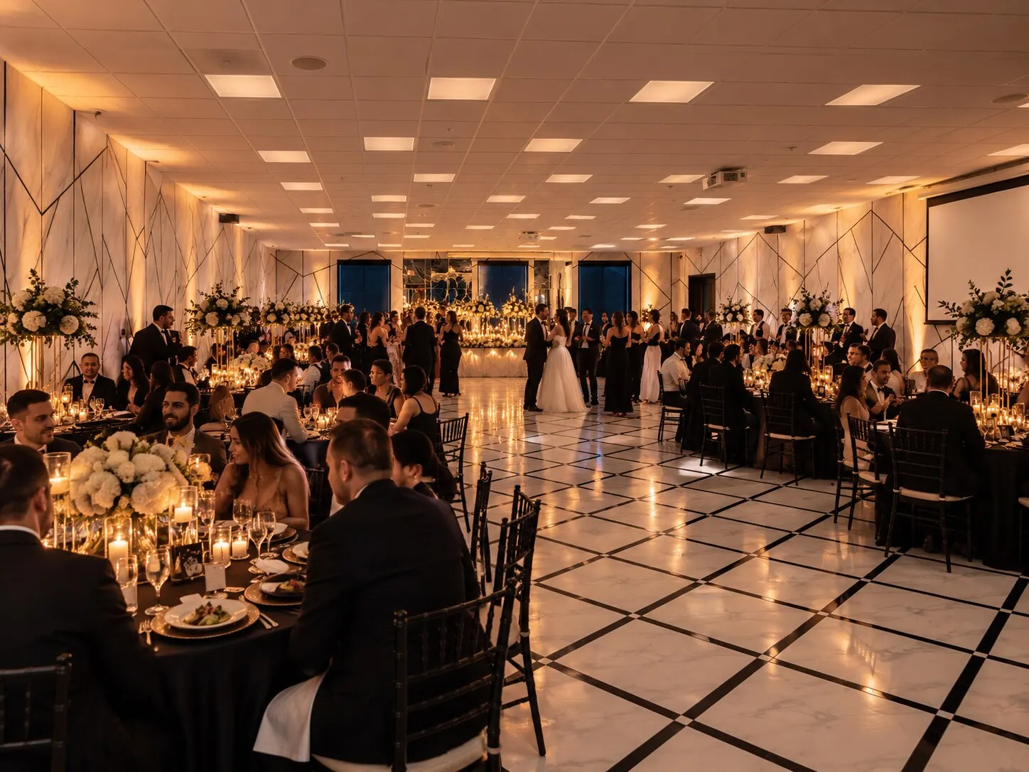 Styled concept: a candlelit wedding reception inside The Marble Room with gold chairs, white florals, and the black-line marble floor